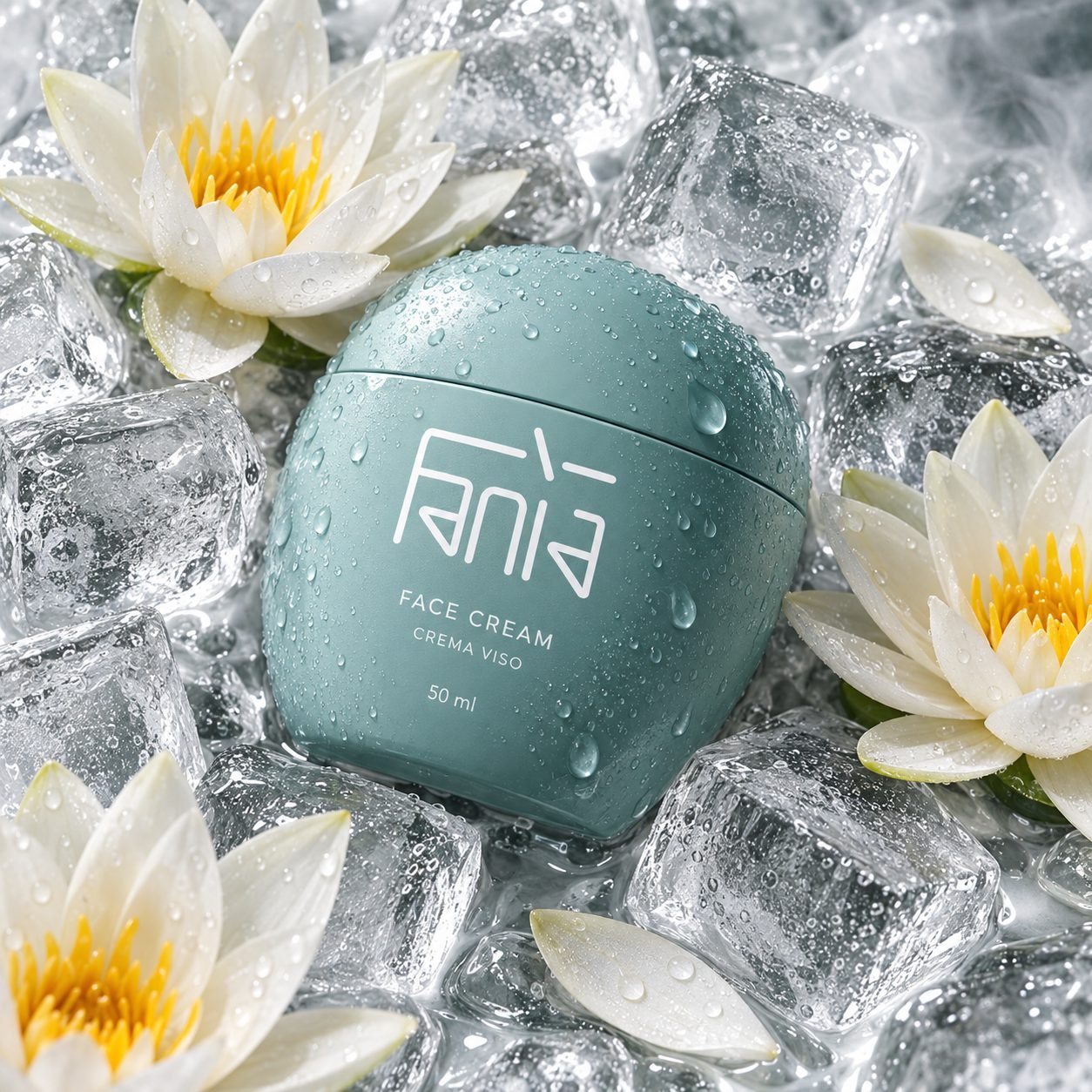 Fanìa face cream on ice with water lilies