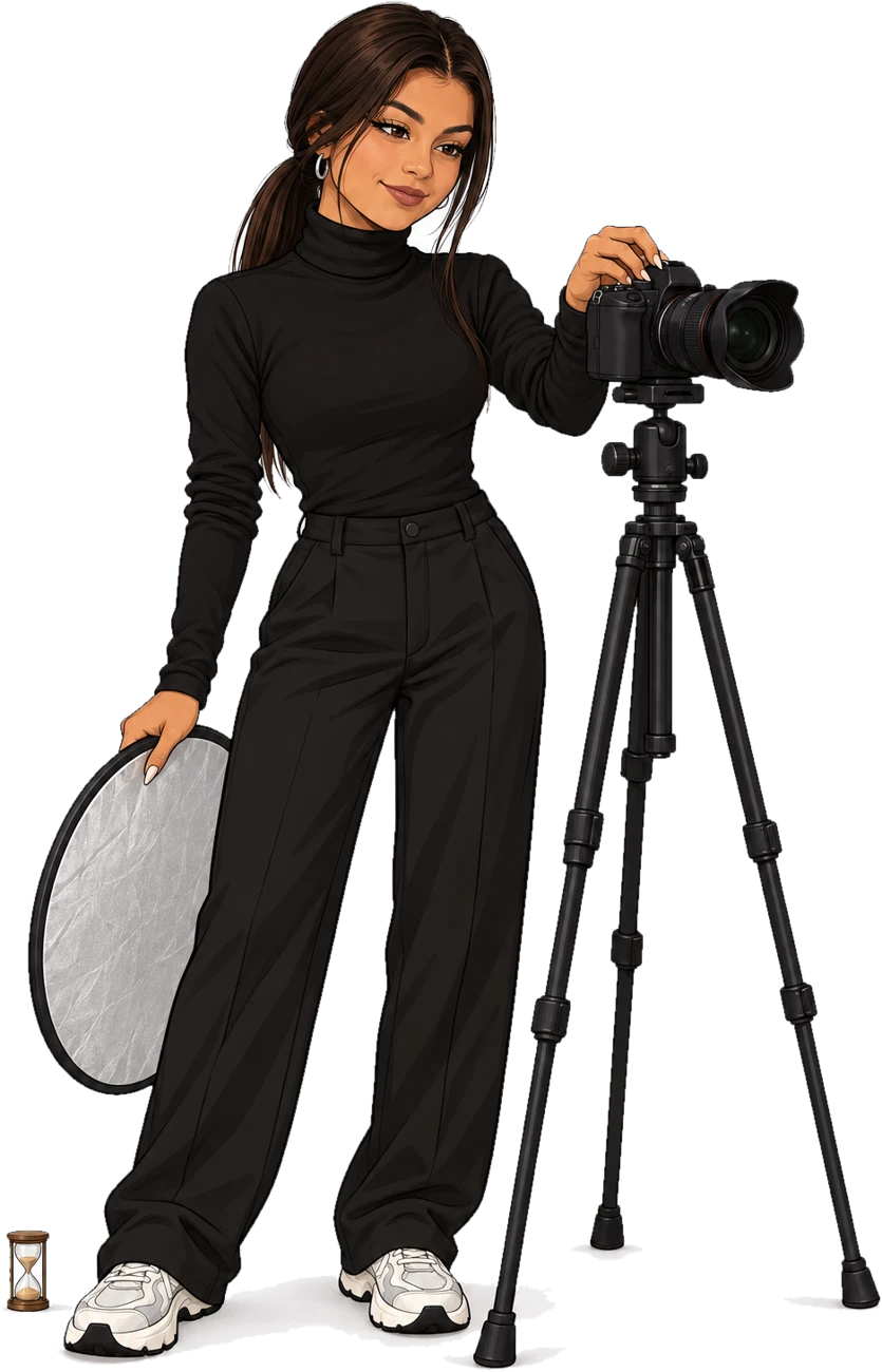 Valery in the studio with a camera on a tripod