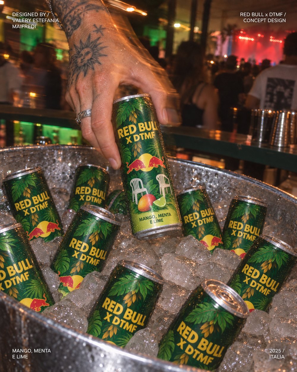 Red Bull x DTMF cans on ice at a concert bar