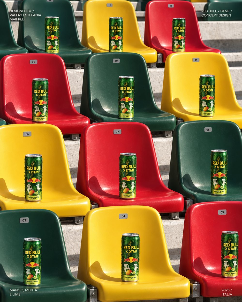 Red Bull x DTMF cans on stadium seats