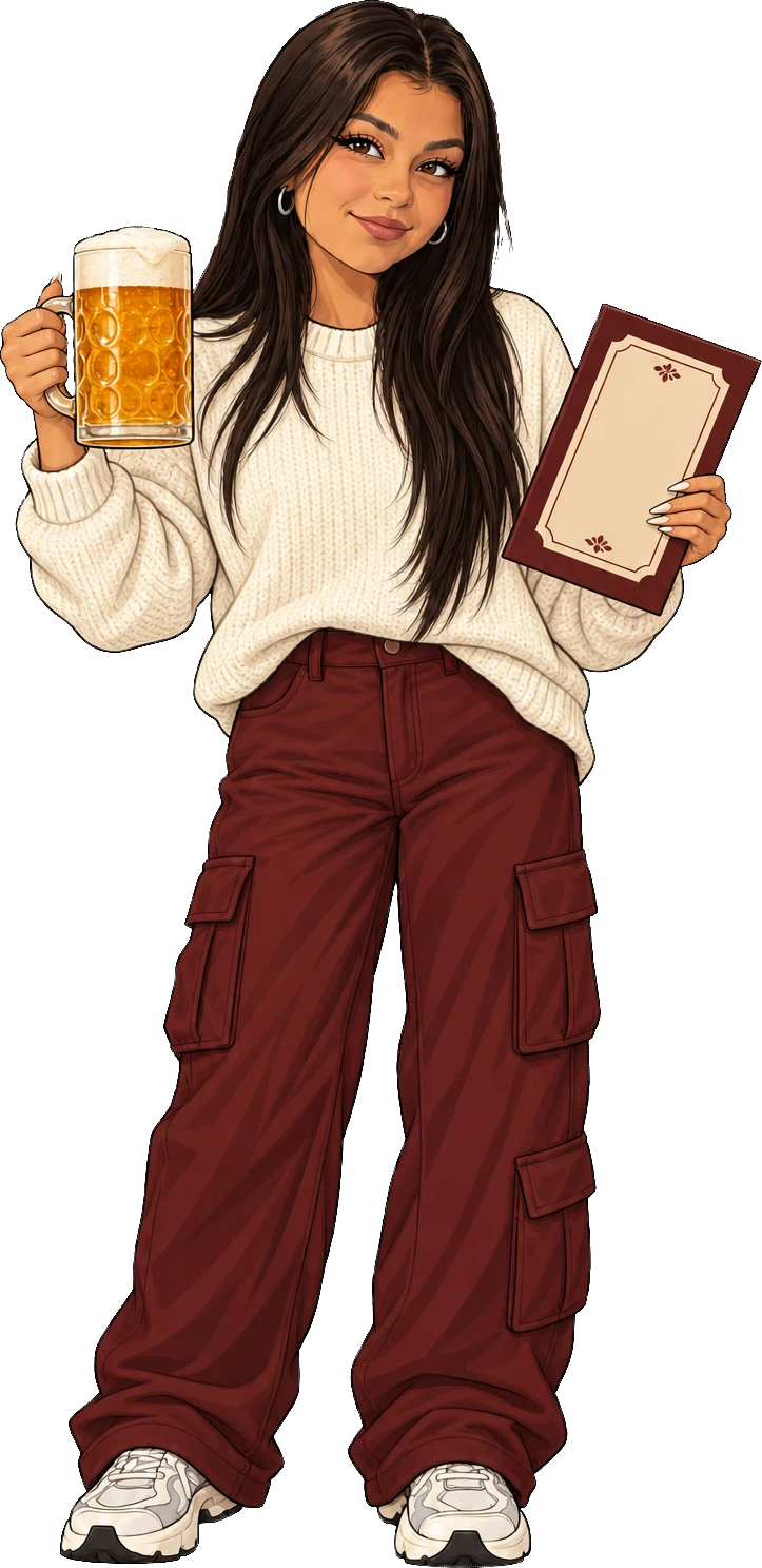 Valery with a beer mug and a menu