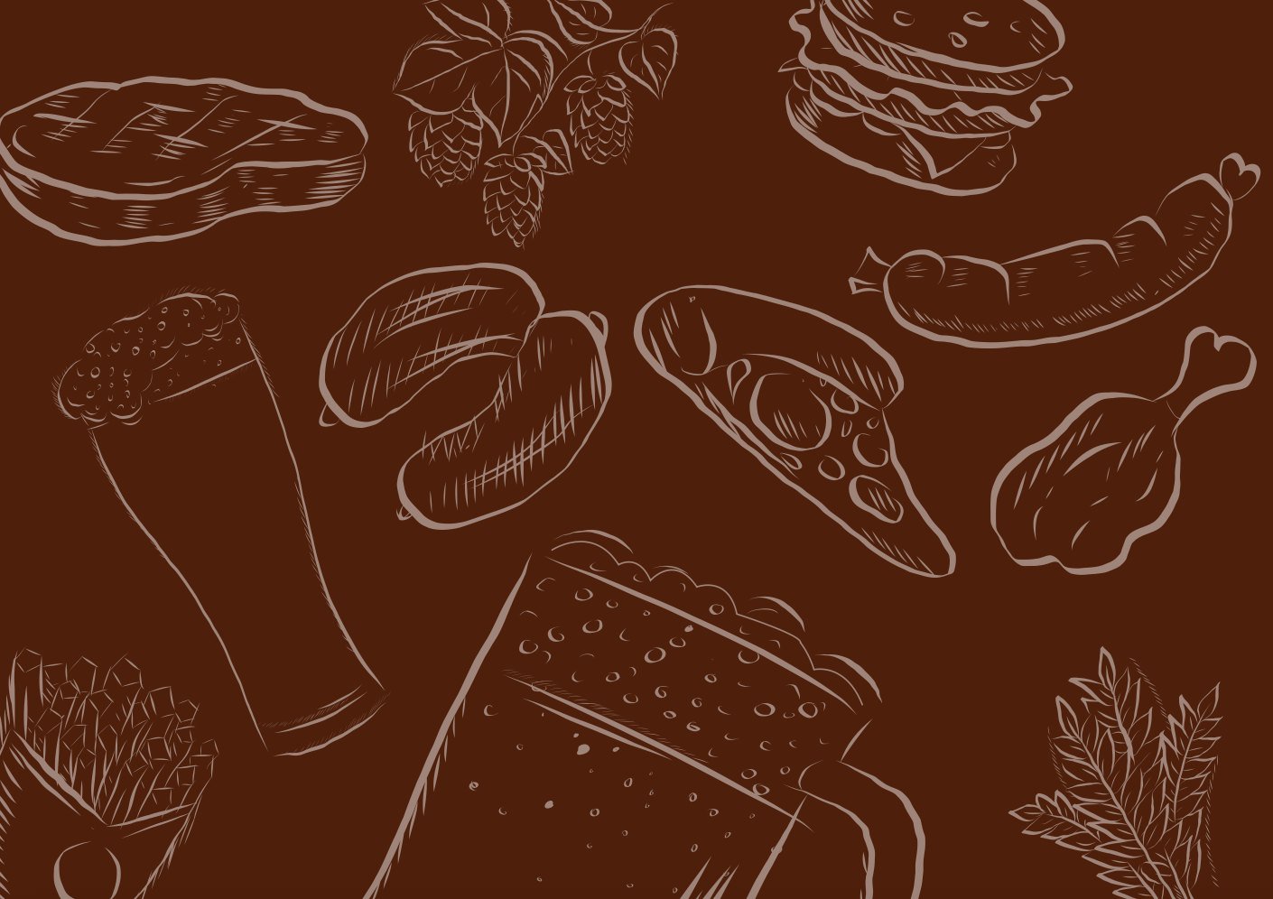 Hand-drawn illustrations of beer, sausages, pizza and hops