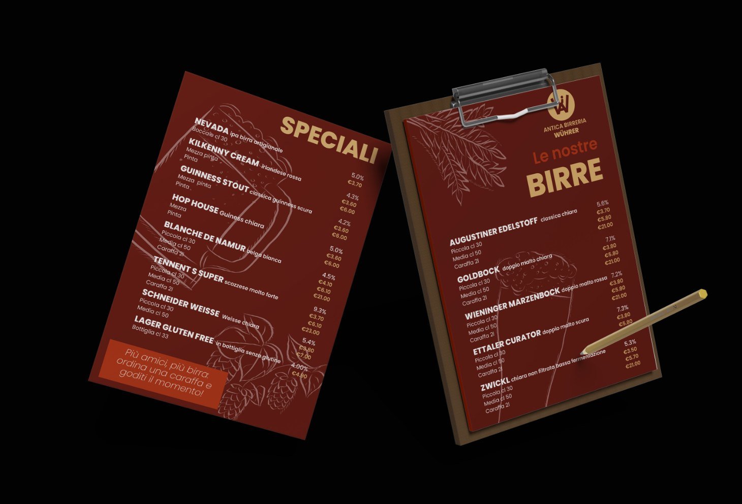 Beer menus: Speciali and Le nostre birre