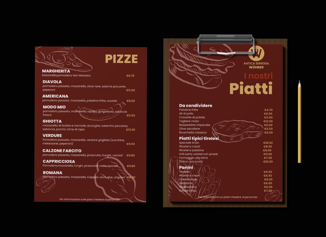 Pizza menu and food menu on a clipboard