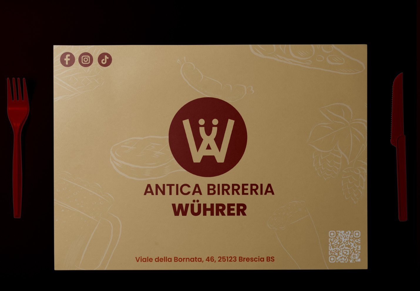 Paper placemat with the Wührer logo and hand-drawn food